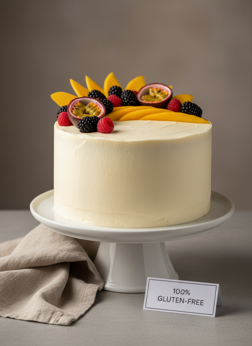An elegant gluten-free celebration cake on a simple white porcelain stand, finished with smooth vanilla buttercream and decorated with fresh tropical fruits such as sliced mango, passion fruit halves, and a few glossy berries. The cake is positioned on a minimalist concrete surface, with a folded linen napkin in muted beige and a small card reading “100% Gluten-Free” in clean, modern typography. Soft studio lighting from the left creates a gentle gradient across the frosting, highlighting its silky texture while casting delicate shadows behind the stand. The background is a subtle warm grey, lightly blurred to keep attention on the cake. Shot from a slightly elevated three-quarter angle in photographic realism, the mood is celebratory yet refined, aligned with a professional bakery that offers premium delivery across Kenya.