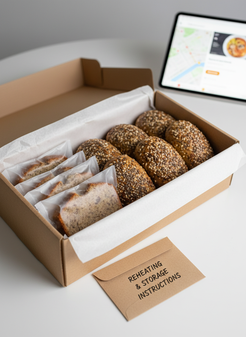 A neatly packed gluten-free bakery delivery box partially open on a clean white tabletop, revealing carefully arranged items: individually wrapped slices of banana bread in transparent eco-friendly packaging, a row of seed-topped mini loaves, and a small kraft envelope labeled with reheating and storage instructions. The box is made of sturdy, unbranded brown kraft with a subtle texture, lined with crisp white parchment paper that gently cradles the baked goods. Soft overhead studio lighting ensures even illumination with minimal shadows, creating a clean, professional look. In the blurred background, a tablet lies on the table displaying an online order screen. Photographed from a slightly elevated angle with sharp focus on the box’s contents, the mood is efficient, reliable, and customer-focused, ideal for communicating nationwide gluten-free delivery service in Kenya.