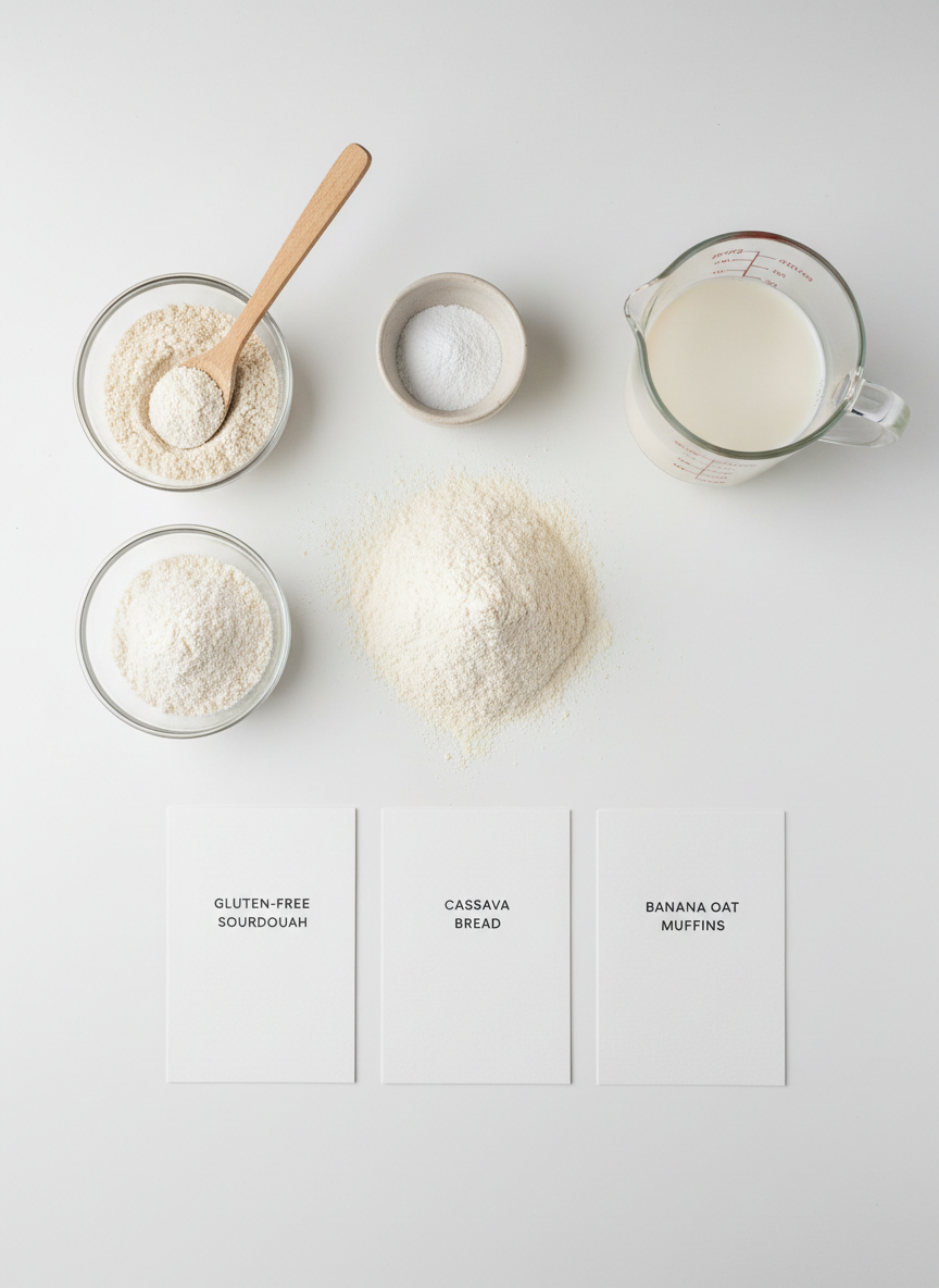 A clean, modern flat lay of gluten-free baking ingredients and tools arranged with precision on a matte white background: a small mound of finely milled gluten-free flour blend, glass bowls of almond flour and coconut flour, a wooden spoon dusted with flour, a ceramic ramekin of baking powder, and a clear measuring jug partially filled with plant-based milk. Beside them lie three recipe cards titled “Gluten-Free Sourdough,” “Cassava Bread,” and “Banana Oat Muffins” in minimalist typography. Soft diffused overhead lighting eliminates harsh shadows, creating a bright, clinical clarity. Everything is spaced with careful negative space, photographed from a perfect top-down bird’s-eye view for a professional, instructional feel. The photographic realism and crisp composition convey expertise, transparency, and precision in gluten-free baking.