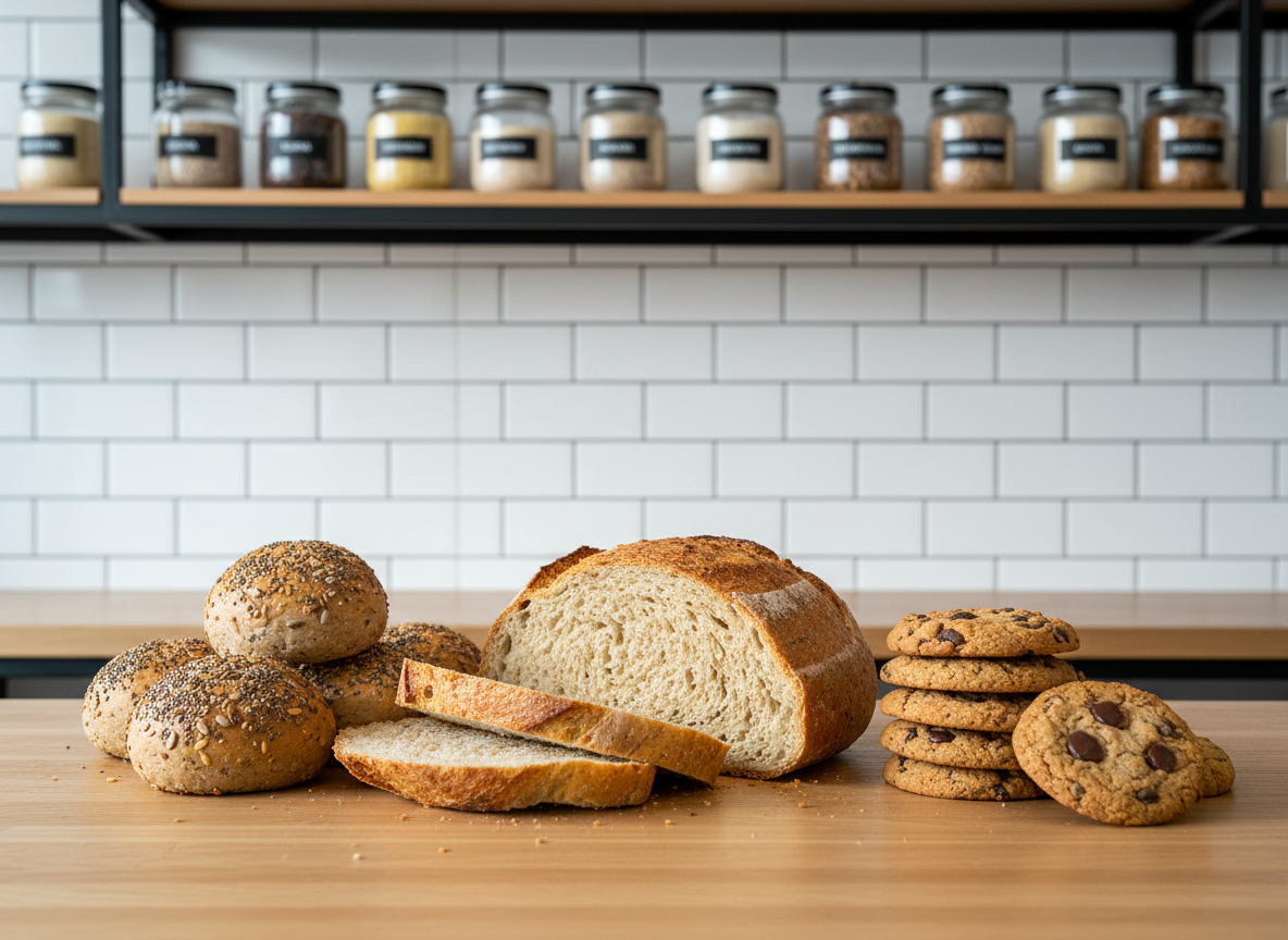 A meticulously arranged assortment of gluten-free baked goods displayed on a smooth, light oak bakery counter, featuring a sliced golden-brown loaf with a tender crumb, rustic seed-topped rolls, and neatly stacked chocolate chip cookies with visible oat and almond flour textures. The counter sits in front of a soft-focus background of clean white subway tiles and matte black shelving holding labeled glass jars of gluten-free grains. Natural daylight from an unseen side window creates soft, even illumination, adding gentle highlights to the crusts and subtle shadows beneath each item. Photographed at eye level with a shallow depth of field, the main loaf is in crisp focus while the background softly blurs, creating a calm, professional, photographic realism suitable for a modern Kenyan gluten-free bakery brand.
