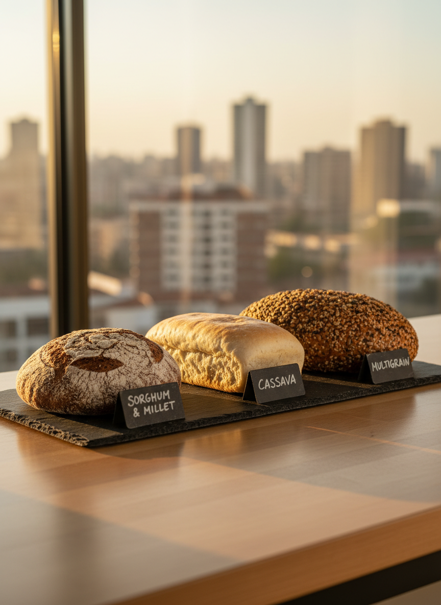 A trio of gluten-free artisan loaves inspired by Kenyan flavors displayed on a long, dark slate board: a sorghum and millet loaf with a dusting of flour, a cassava-based loaf with a smooth, pale crust, and a seed-encrusted multigrain loaf. Small black slate labels with white chalk-style writing identify each bread. The board rests on a pale wooden counter with a faint view of Nairobi’s skyline through a large window in the softly blurred background. Late afternoon natural light pours in, creating a warm golden tone and gentle reflections on the slate. Shot at a low, side-on angle that emphasizes the loaves’ height and texture, the mood is confident, local, and artisanal, presented in clean photographic realism for a premium Kenyan gluten-free brand.