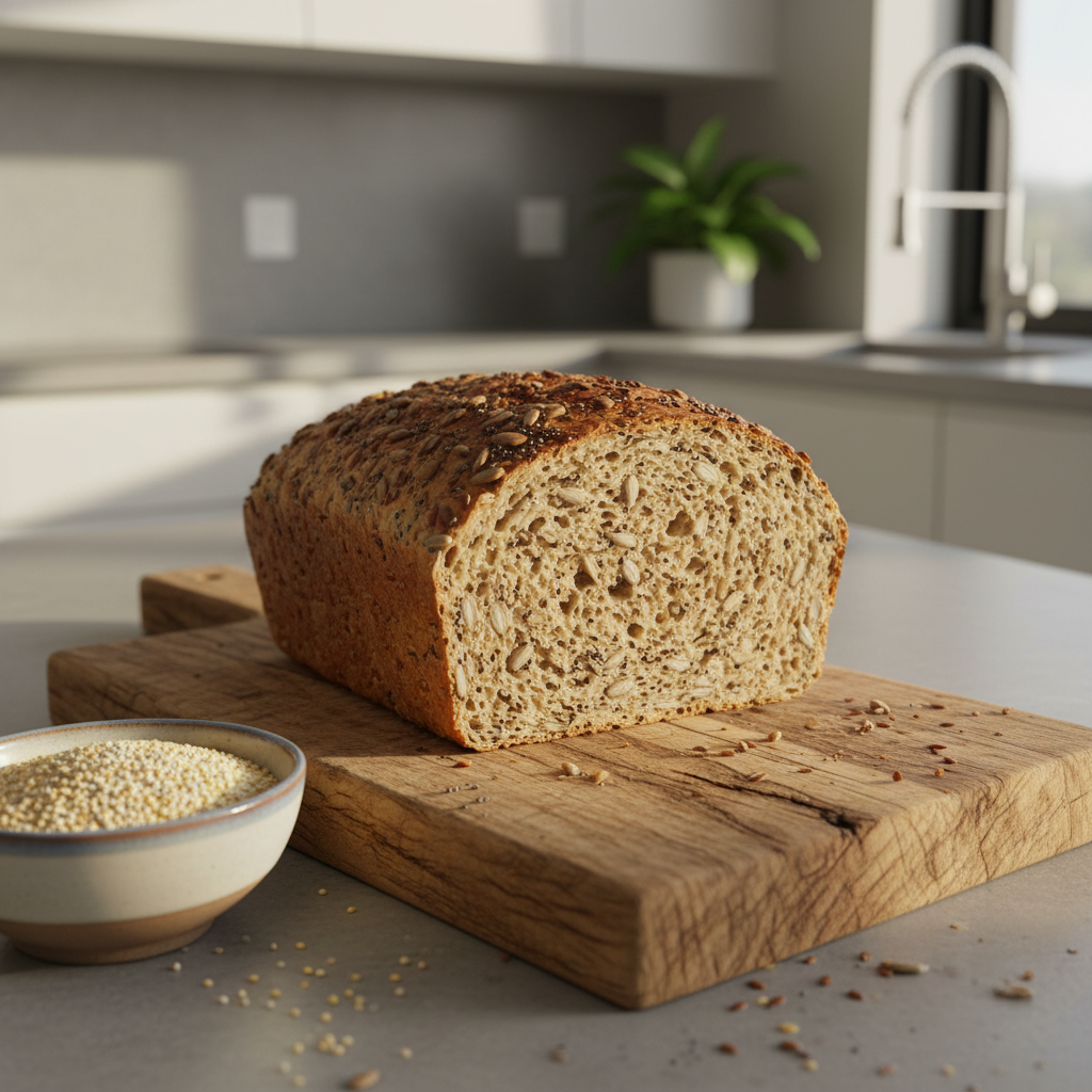 A close-up of a sliced gluten-free multi-seed loaf, its dense yet airy crumb speckled with sunflower seeds, chia, and flax, resting on a rustic wooden cutting board with visible grain and a few scattered crumbs. Behind it, a small ceramic bowl filled with sorghum and millet grains hints at local Kenyan ingredients. The scene is set on a matte stone countertop near a window, with soft morning sunlight streaming in from the right, creating warm highlights along the crust and gentle shadows on the board. The background is softly blurred, showing just the suggestion of a tidy, modern kitchen space. Captured with a shallow depth of field and a centered composition, the image feels wholesome, trustworthy, and professionally styled in clean photographic realism.